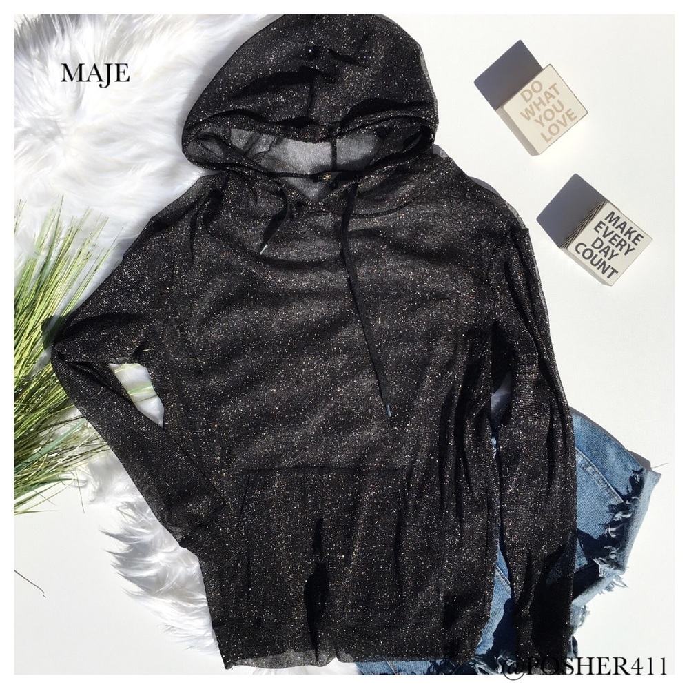MAJE METALLIC BLACK SHEER HOODED SWEATSHIRT - Picture 1 of 6